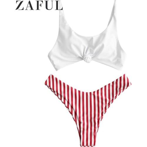 ZAFUL Contrast Striped Knot Women Set Summer Beach Suit Fashion Spaghetti Straps Padded Crop Top Shorts Sets Girls Beachwear