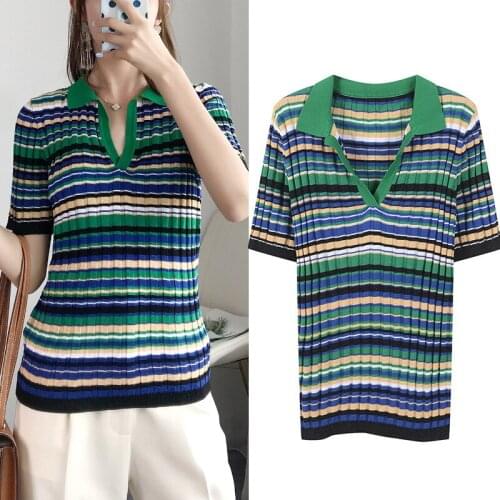 2020 summer women designer vintage striped short sleeve knitted sweaters v-neck pullover top sweater JC467