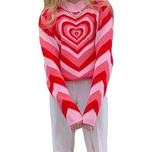 Women Love Heart Print Sweater, Long Sleeve O-neck Knitted Pullover for Autumn, Winter