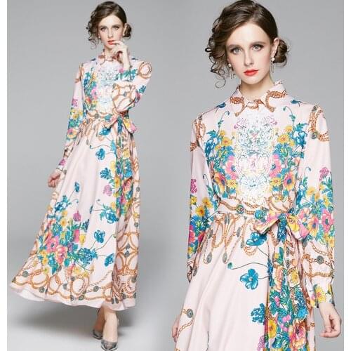 Vintage Printed Ankle-Length Maxi Dresses for Women Turn Down Collar European Clothing Polyester A-Line Full Button Empire Dress