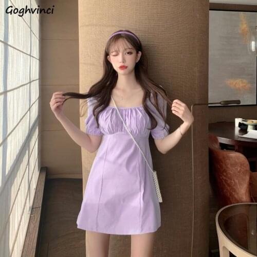 Women Short Sleeve Dress Solid Square Collar Pleated Puff A-line Mini Defined Waist Slim Elegant Cozy Party Date Holiday Sweet