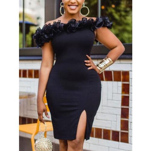 Women Off Shoulder Dress Sexy Summer Party Dress Black Mini Bodycon Ruffles High Slit Birthday Date Night Occasion Vestidos 2021