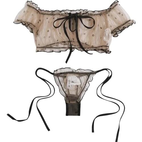 Womens Sexy Lingerie Two Piece Set, Mesh Off Shoulder See Through Tops Lace Up Side Tie Pantie for Female