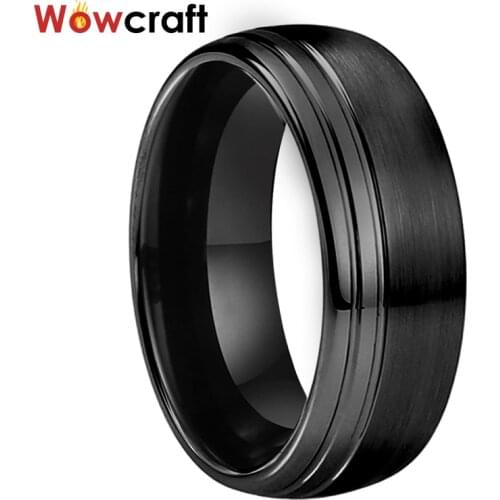 8mm Domed Tungsten Carbide Rings Black for Men Women Polished Brushed Finish with Double Offest Lines Comfort Fit