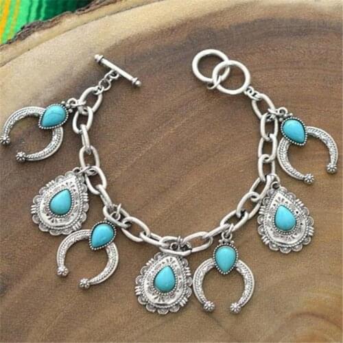 TURQUOISE Geometric Stone Charm Link Bracelet Blue U Shape & Water Droplet Toggle Bracelet for Women Boho Style Indian-inspired