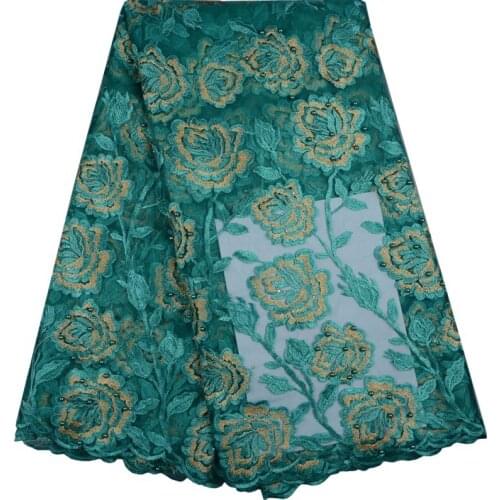 Teal Color High Quality Imported Wholesale 100%Polyester African Tulle Lace French Net With Beads Lace Fabric For Wedding F762