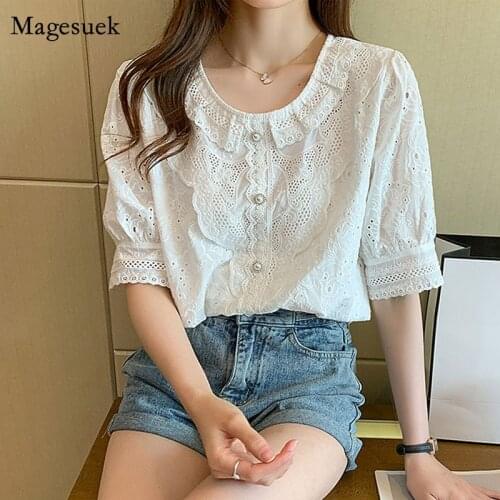 Korean Summer Womens Blouse 2021 Fashion Ruffled Top and Blouse Fashion Vintage Lace Shirt Solid Short Sleeve Camisa 14193