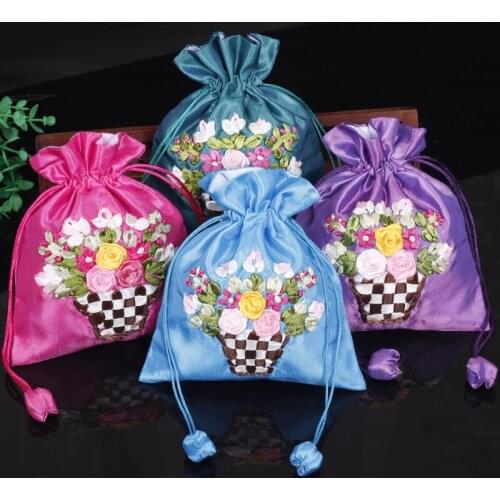 Embroidery Flower Large Satin Jewellery Gift Bags Handmade Ribbon Embroidery Drawstring Pouch Empty Sachet lavender Bags 10pcs