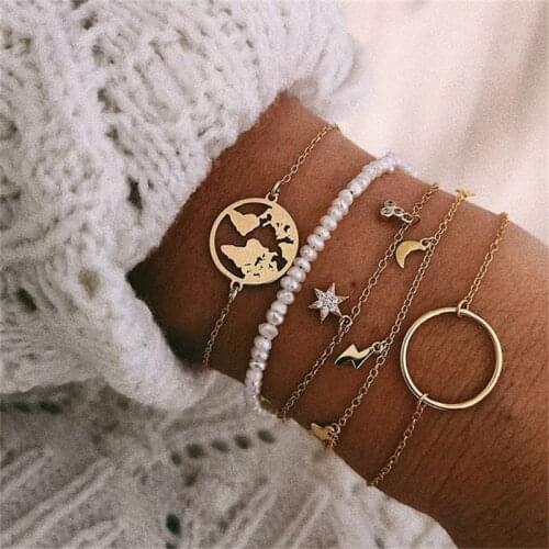 Moon Star Map Charm Bracelets For Women Boho Gold Circle Pearl Bracelet Set Crystal Bangles Vintage Femme Jewelry Gift 5Pcs/Set