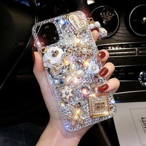 Bling Diamond Rhinestone Flower Case For iPhone 12 11 13 Pro MAX X XS XR 7 8 Plus SE2 12 Mini Phone Case Luxury Pearl Pendant