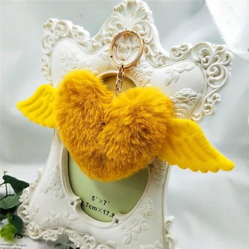 Color Pompom Faux Rabbit Fur Heart with Wing Keychains Crystal Letters Key Rings Key Holder Trendy Jewelry Bag Accessories Gifts