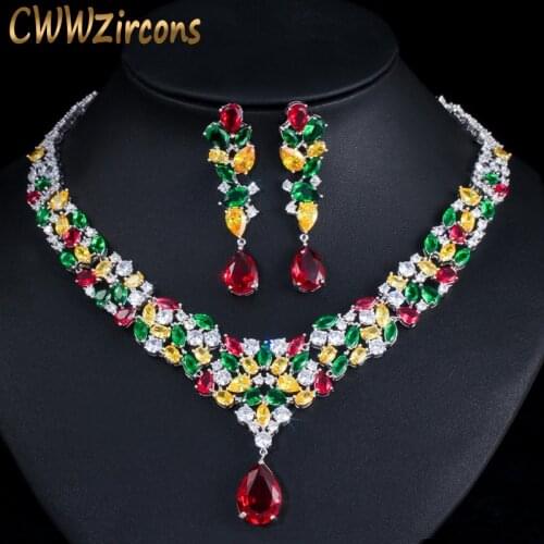 CWWZircons HIgh Quality Water Drop Cubic Zirconia Wedding Bridal Necklace Jewelry Sets Luxury Brides Jewellery Accessories T310