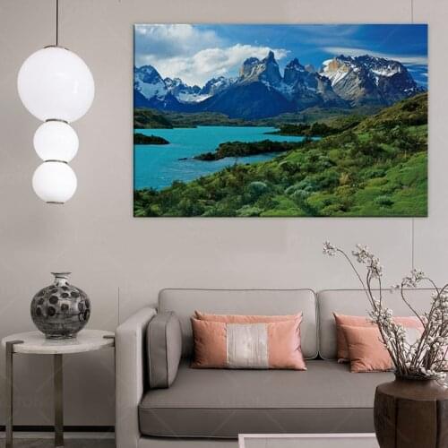 Chile Andes Peoe Pehoe Lake Mountains Nature Landscape Living Room Home Wall Art Decor Wood Frame Canvas Poster