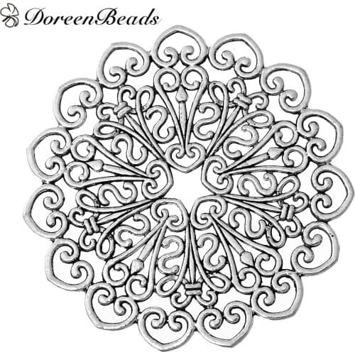 DoreenBeads Filigree Stamping Embellishments Findings Round silver color Hollow Pattern 53mm(2 1/8") x 53mm(2 1/8"), 10 PCs