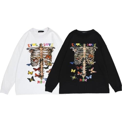 Cotton Skull Print Round Neck Loose Long-sleeved Sweater Hoodie Harajuku Sweatshirt Long-sleeved Hoodie Womens Hip-hop Top