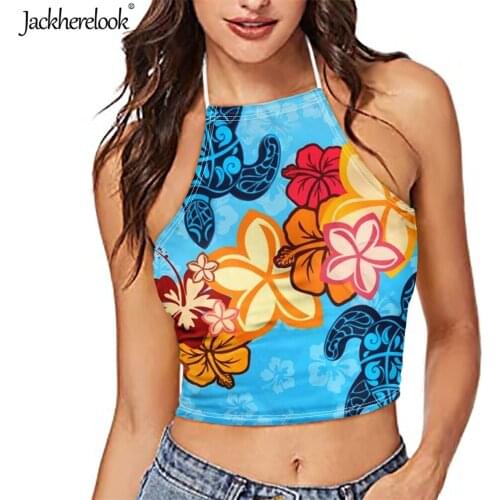 Jackherelook Summer Sleeveless Halter Crop Tops for Girls Hawaiian Polynesian Tribal Hibiscus Print Harajuku Backless Tank Top