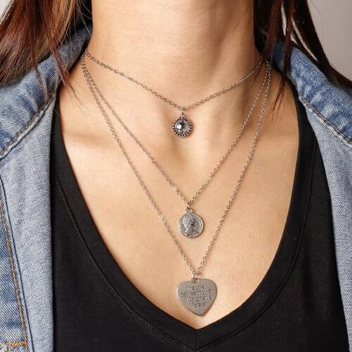 Trendy Long Crystal Heart Necklaces for Women Silver Color Multilayer Coin Portrait Chain Necklaces Female Jewelry Gifts