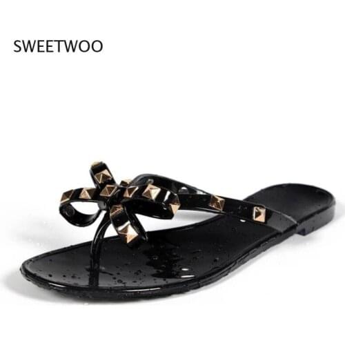 Fashion Brand Summer Flip Flops Woman Rivets Women Sandals Bow knot Flat Slippers Girls Studded Beach Slides Jelly Shoes 35-41