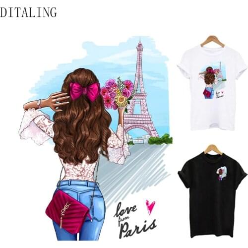 Patch Elegant Lady Stickers DIY T-Shirt Dresses Decoration Heat Transfer Patches For Clothes Paris Tower Eco-Friendly Stickers