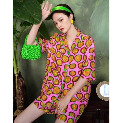 Summer Print Fruits 2PCS Pajamas Sets Women Sexy Turn-Down Collar Pyjamas Sleep Suit Sleepwear Nightwear Lounge Home Clothes