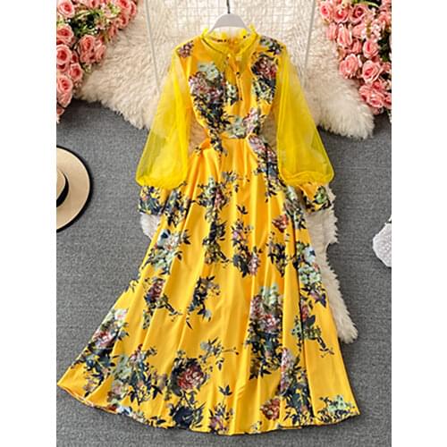 Bohemian Red/Yellow/Pink Floral Long Dress Women Elegant Mesh Long Sleeve Patchwork Chiffon Vestidos Female Spring Summer 2021