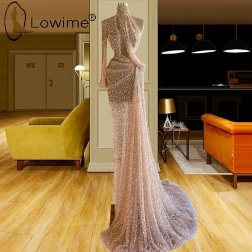 Illusion Pink Single One Shoudler Long Sleeve Mermaid Evening Dresses High Neck Evening Gowns Custom Made Formal Party Dress