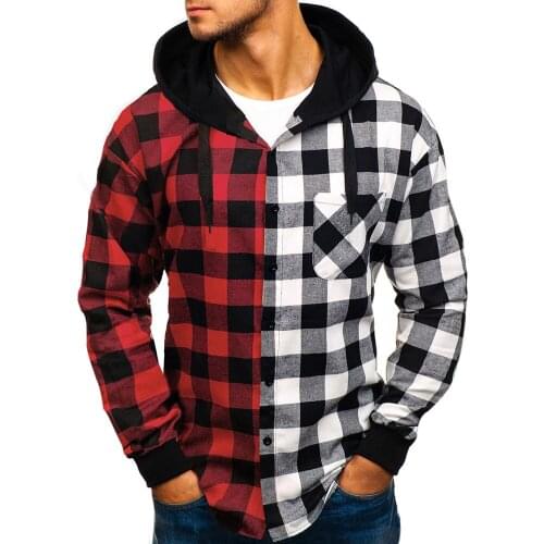 New Slim Hooded Mens Shirt Personality Stitching Check Shirt Mens Fashion Hip Hop Street Shirt High Quality Mens Top