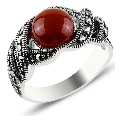 Silver 925 Sterling Red Agate & Marcasite Ring