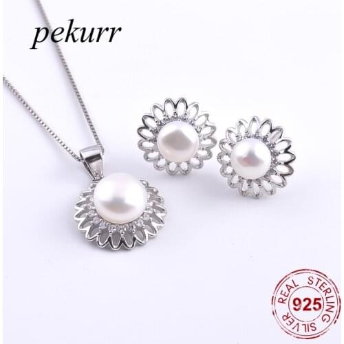 Pekurr 925 Sterling Silver Hollow Bohemian Flower Freshwater Pearl Earrings Necklace Sets For Women Round Flower Pendant Sets