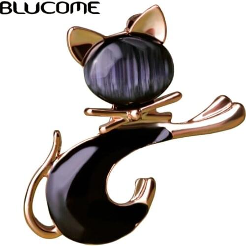 Blucome Cute Black Tie Cat Brooch Smooth Artificial Opals Corsage For Women Collar Hats White Enamel Brooches Pins Girls Gifts