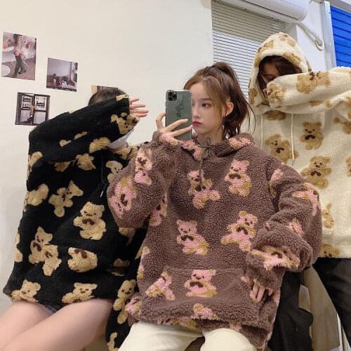 2021 bear pattern lamb wool ladies hoodie Korean sportswear all-match loose new sports shirts womens tops oversized pullovers