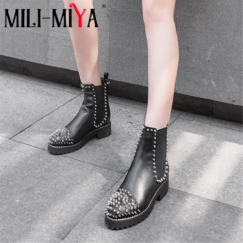 MILI-MIYA New Design Genuine Leather Ankle Boots Women Rivet Rhinestone Round Toe Heel Boots Fashion Motorcycle Boots Woman
