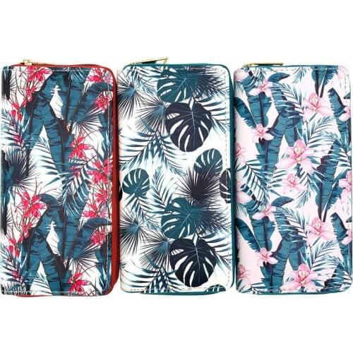 KANDRA Flowers and Leaves Pattern PU Wallets Women Clutch Monstera Leather Bags ID Card Cell Phone Zipper Wallet Purses Bolsas