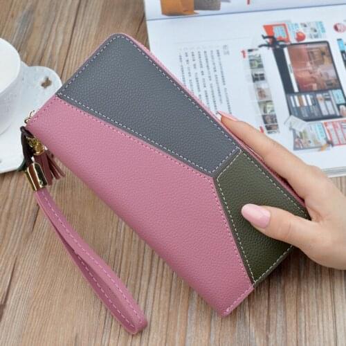 Women Wallet Tassel Long Leather Clutch Wallets Brand Fashion PU Leather Large Capacity Patchwork Section Zipper Wallet Female