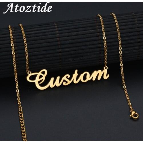 Atoztide Stainless Steel Customized Name Letter Necklace Women Personalized Initial Gold Old English Chain Necklace Nameplate