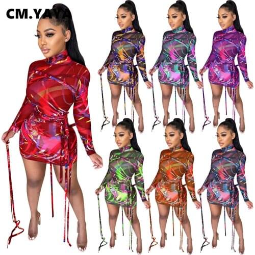 CM.YAYA Women Dresses Print Mesh Full Sleeve Turtleneck Pullover Mini Sheath Elastic Dress Office Lady Spring Fashion Outfits