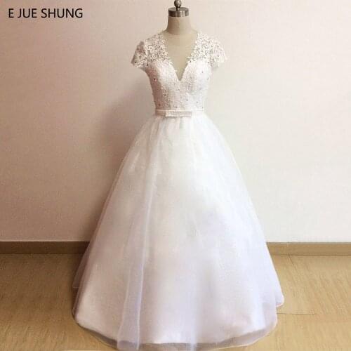 E JUE SHUNG White Lace Appliques Pearls Wedding Dresses Button Sheer Back Wedding Gowns vestidos de novia robe de mariage