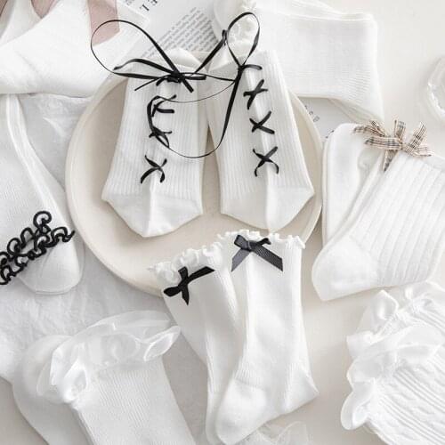 White Lolita Socks 2021 Womens Tube Socks Japanese Cute Cotton Spring and Summer Thin White Socks Lolita Women Kawaii