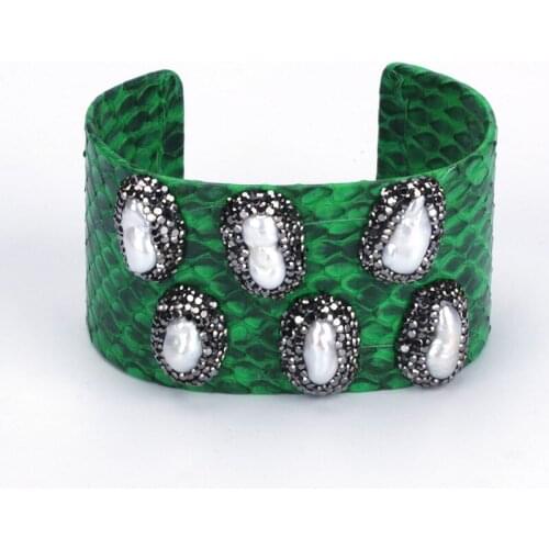 Natural Big Freshwater Pearl Beads Charm Pave Rhinestone Green Real Snake Leather Wide Wrap Open Bangle Cuff Bracelet for Women