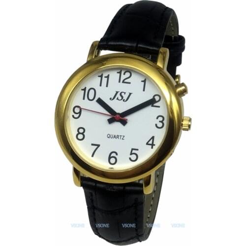English Talking Watch with Alarm Function, Talking Date and time, White Dial, Black Leather Band, Golden Case TAG-507