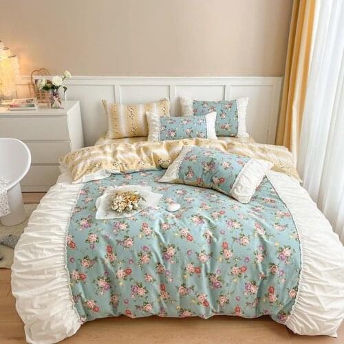 Farmhouse Country 4Pcs Pleated Duvet Cover Set Multicolor Roses 100%Cotton Shabby Chic Floral Bedding set 1Bed Sheet 2Pillowcase