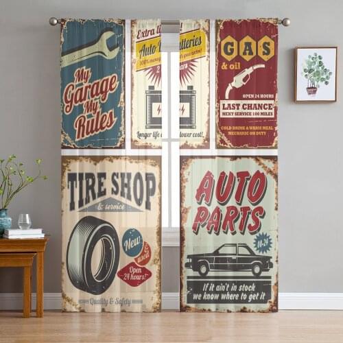 Retro Poster Design Car Tool Curtain For Living Room Transparent Tulle Curtains Window Sheer For The Bedroom Accessories Decor