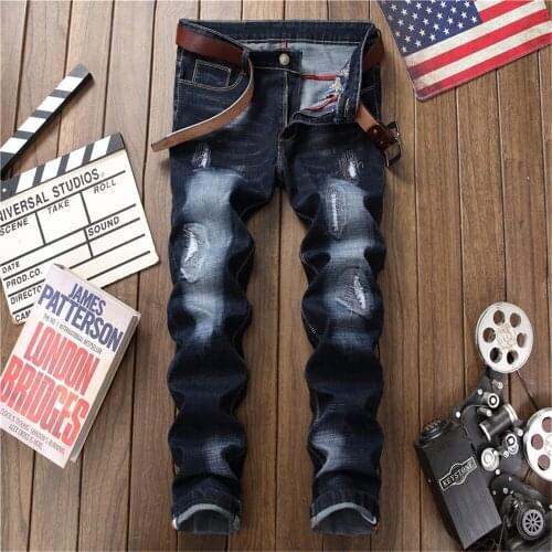 European and American Mens Blue Ripped Slim-fit Mens Jeans Straight-leg Jeans Mens 932
