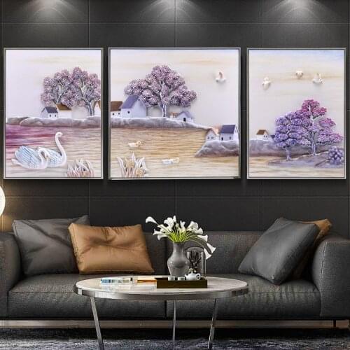 Sofa Background Wall Decoration Painting Swan Landscape Idyllic Money Hanging Painting Vintage Style Embossed Mural