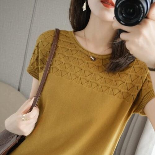 T-shirt women 2021 pure cotton ladies tops oversized casual round neck knit pullover short sleeves plus size solid color tees