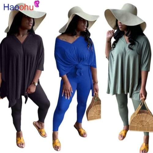 HAOOHU Plus Size Two Piece Set Women Summer Clothes Split Loose Top and Bodycon Pants 2 Pcs Matching Sets Lounge Wear Outfits