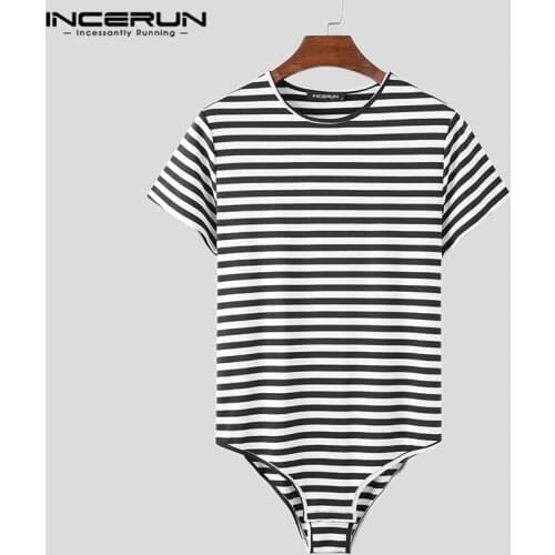 INCERUN 2021 Men Striped Bodysuit T Shirts Leisure Short Sleeve Round Neck Rompers Tops Fashion Sexy Fitness Mens T-shirt S-5XL7