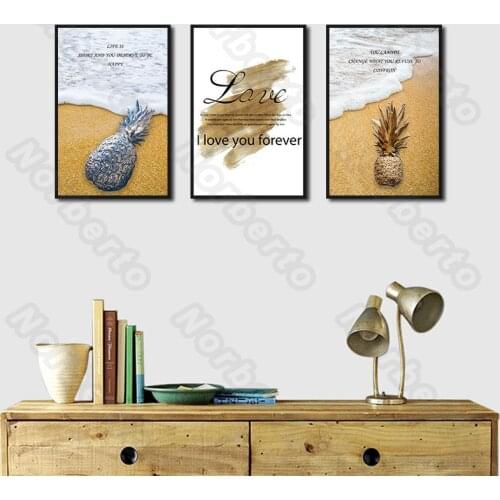Seaside Landscape Canvas Painting Wall Poster Pineapple On The Beach Words i Love You Forever for Living Room Bedroom Decoration