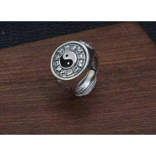 Silver 925 Jewelry Yin And Yang Open Ring Chinese Style 12 Zodiac Sterling Silver Ring For Men Lucky Accessory Party Gift
