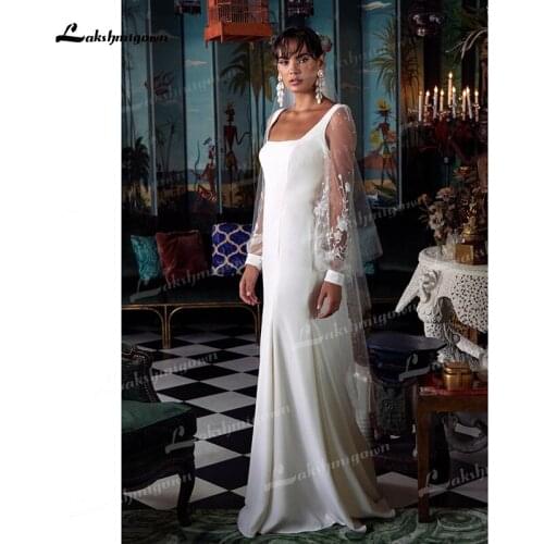 Charming Soft Satin Sheath Wedding Dresses Square Collar Neck Illusion Puff Long Sleeve With Beading Sweep Train Bride Gowns